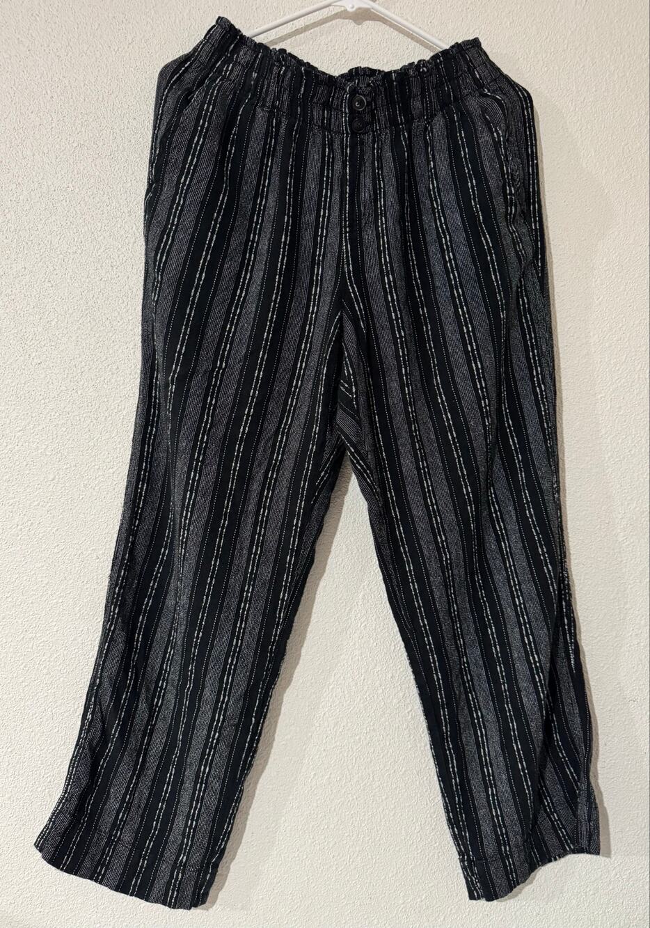 Briggs Black & White Textured Stripe Linen-Blend Pull-On Crop Pants Boho Chic M